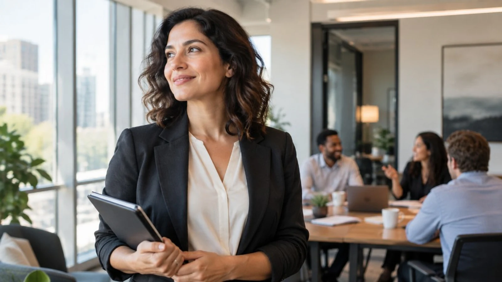 A confident leader standing in a bright office while her team collaborates in the background