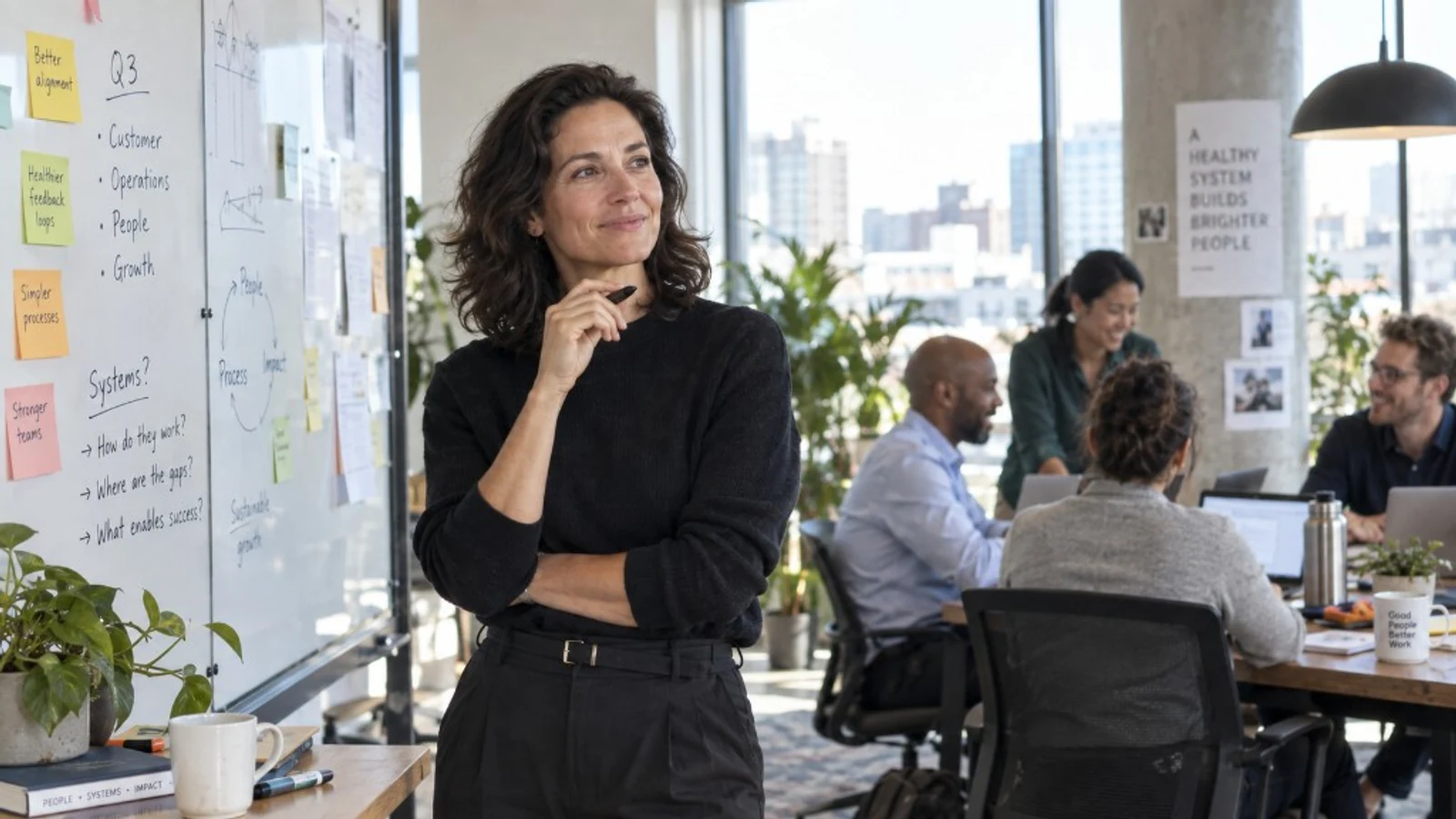 A thoughtful leader in a bright collaborative office while her team works together in the background