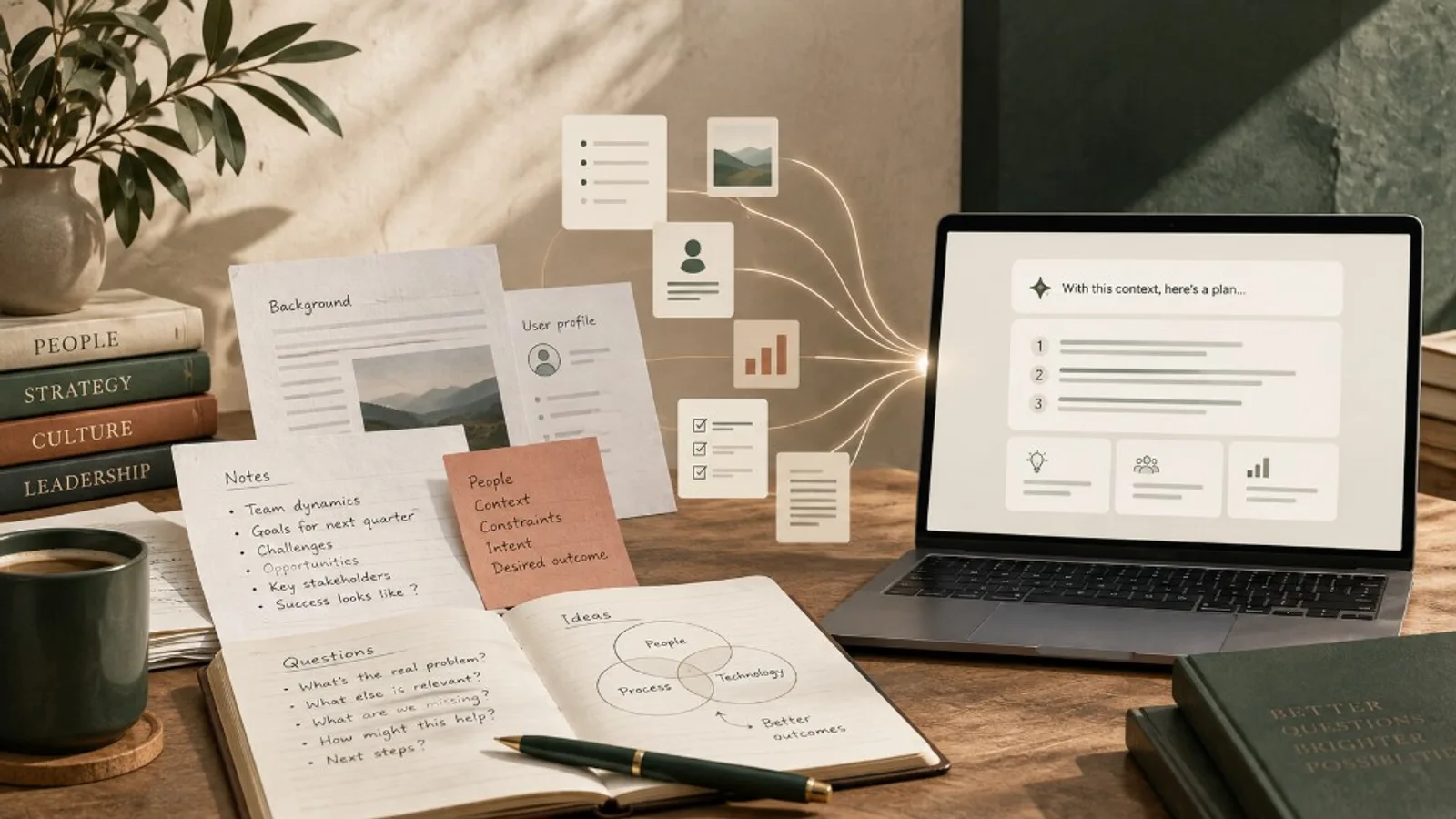 Context-rich AI workspace showing notes, background information, and structured AI output