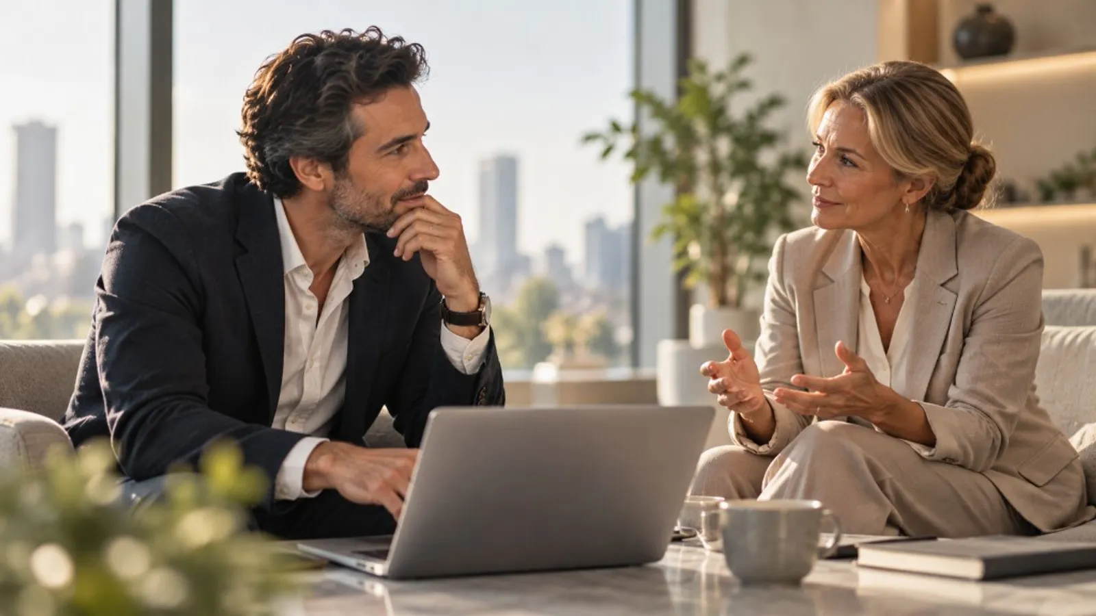 Two professionals in a coaching conversation, with a laptop open between them