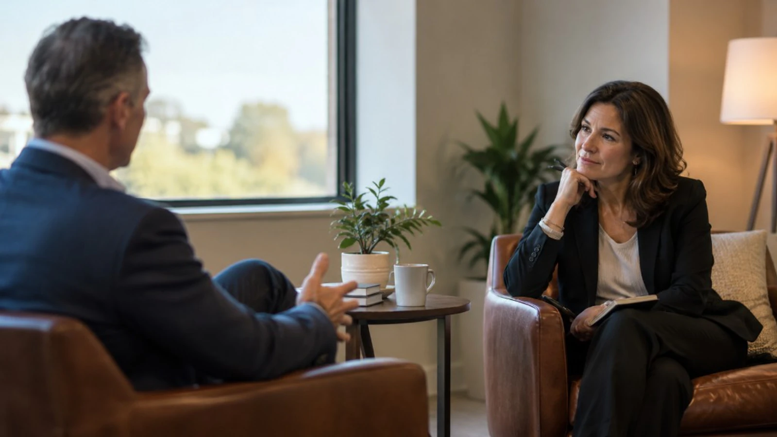Executive coaching conversation in a calm professional setting