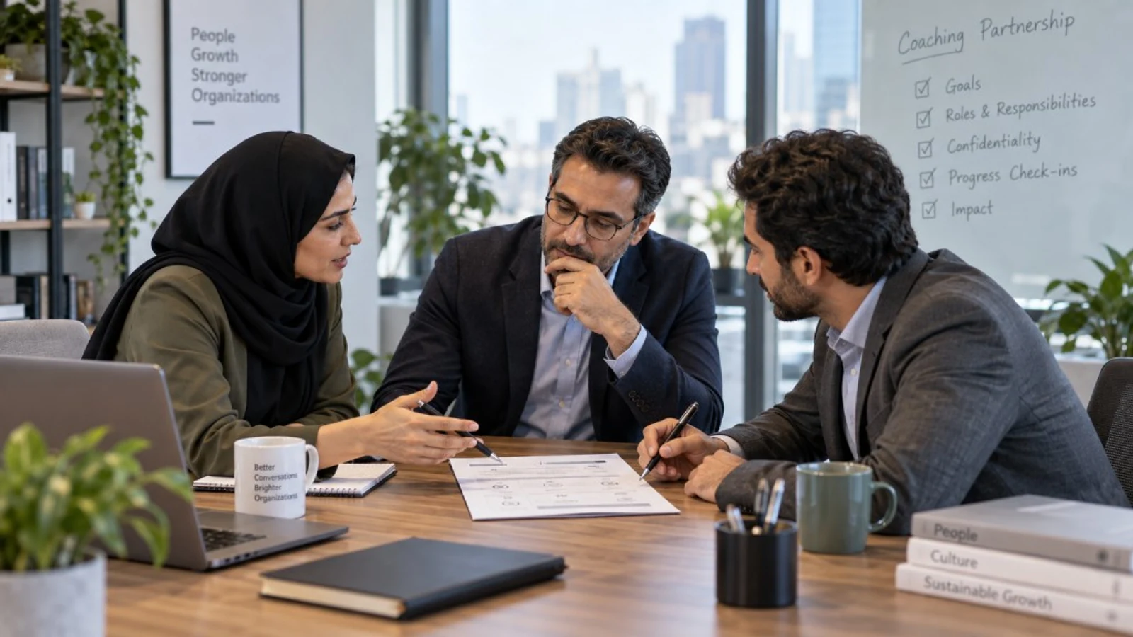 A three-party organizational coaching conversation about goals, roles and confidentiality