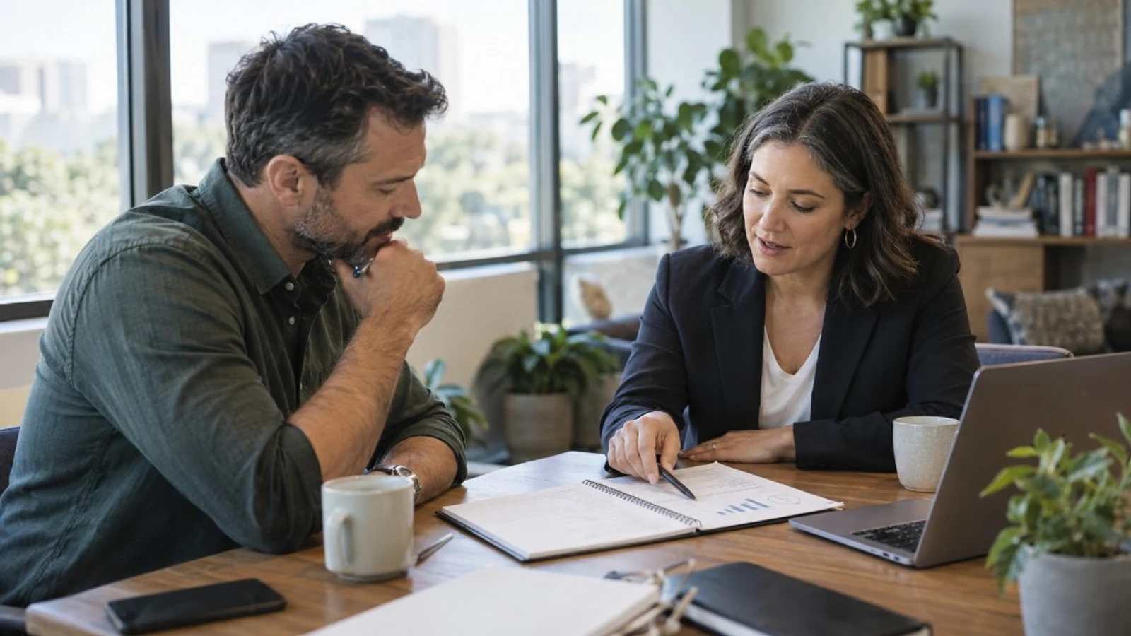 Two professionals reviewing observable coaching goals and progress measures in a workplace conversation