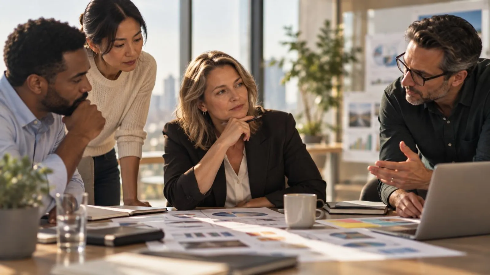 Four colleagues reviewing charts and business data around a meeting table