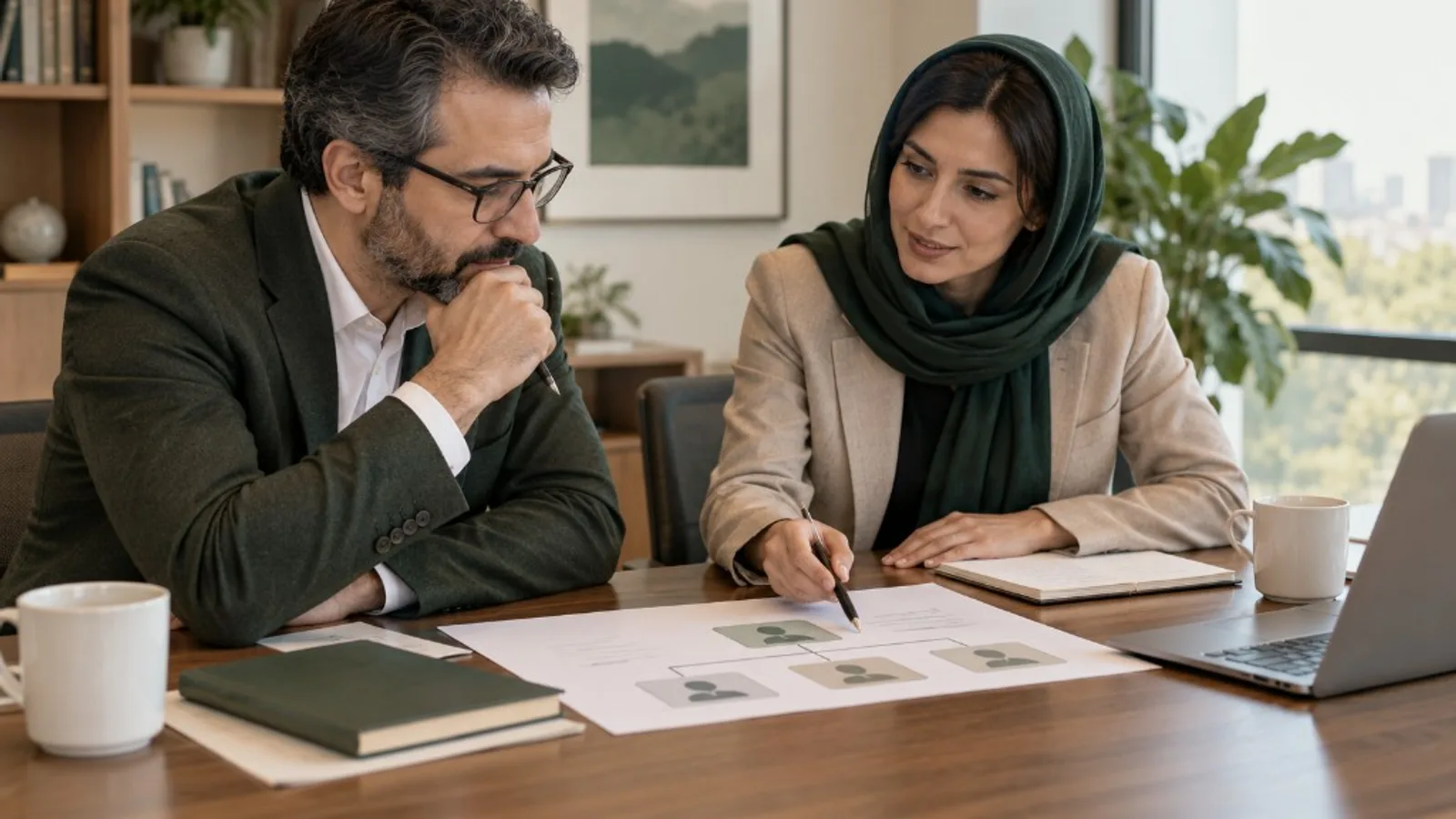 Two professionals reviewing a succession-planning chart during a workplace discussion