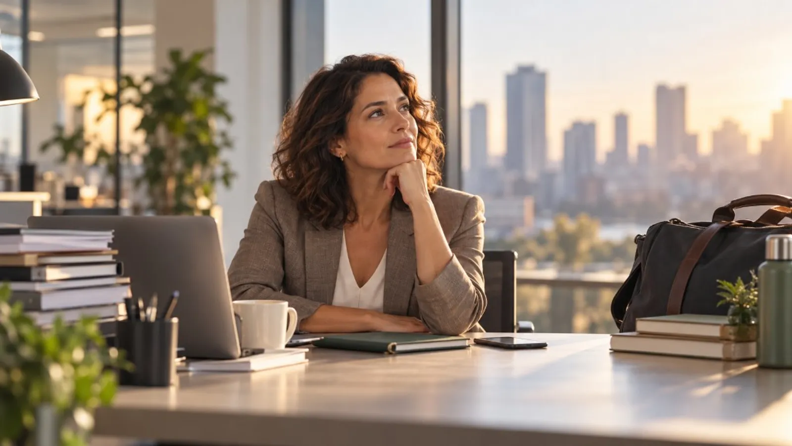 A professional reflecting at her desk, with a packed bag beside her