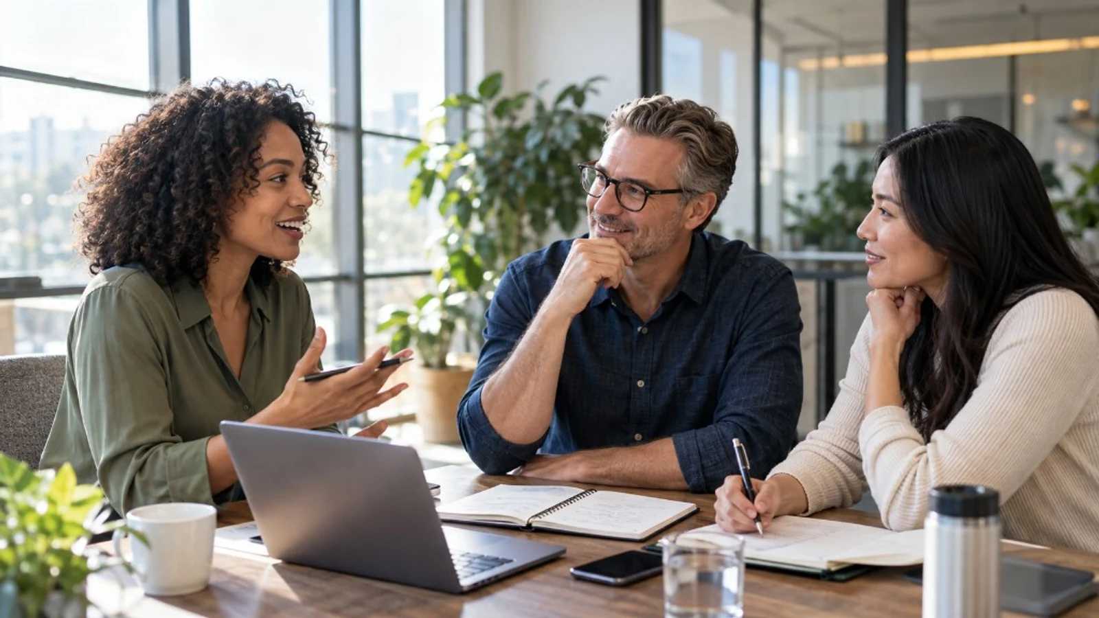 Three professionals clarifying goals and readiness before an organizational coaching engagement