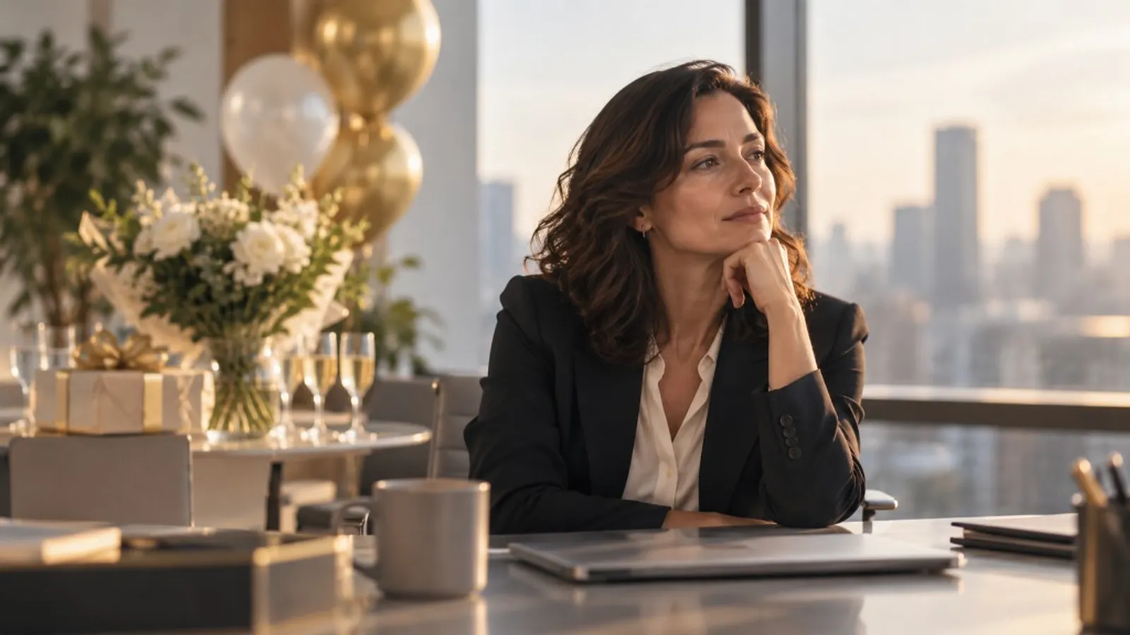 A professional reflecting alone at her desk while flowers and balloons mark a celebration