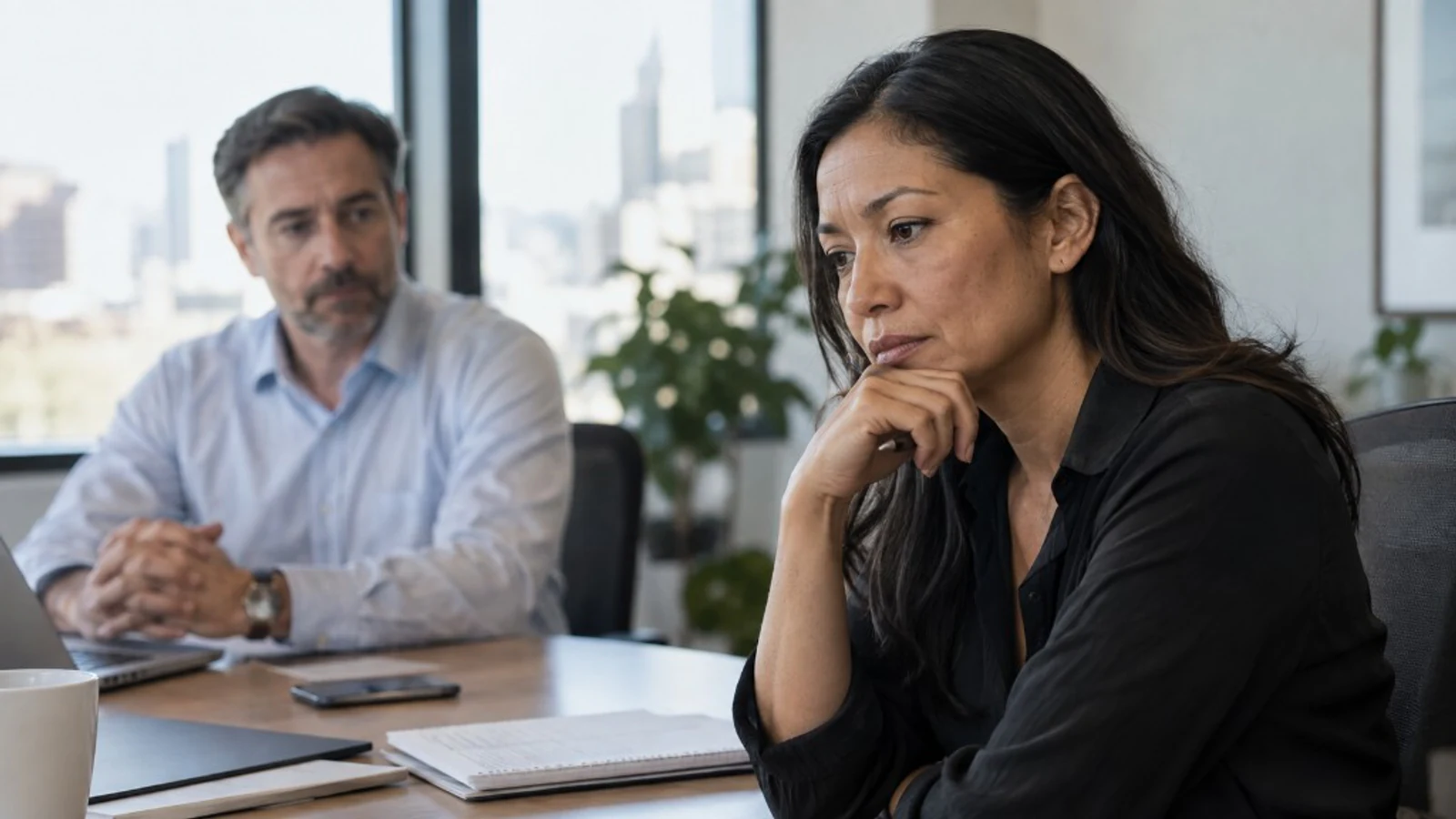 Professional reflecting during a difficult conversation with a manager