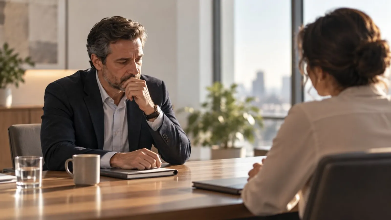 A manager listening across the table during a one-to-one conversation