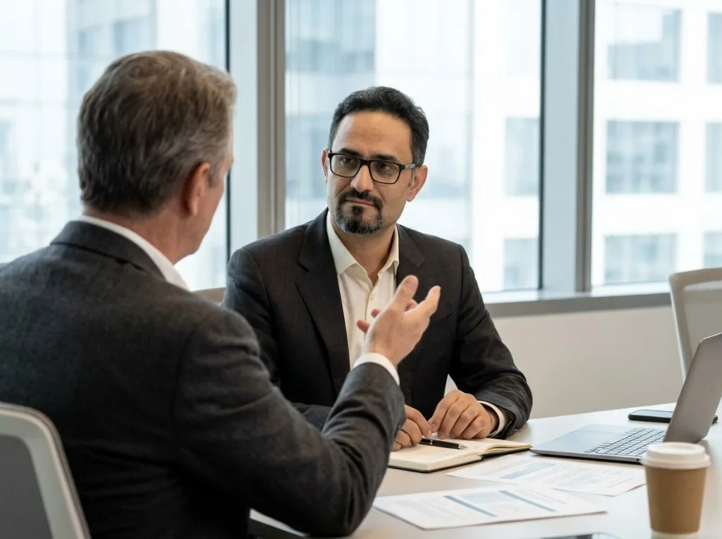 Mehdi Nejadrasouli in a strategic HR advisory meeting with a senior executive